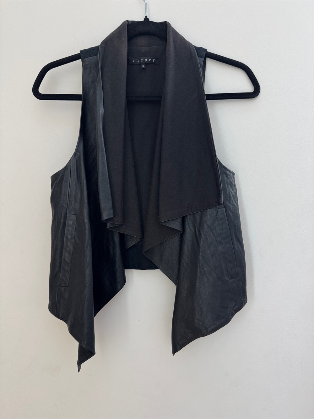 Theory Buttery Leather & Pima Cotton Draped Open Vest Black Moto